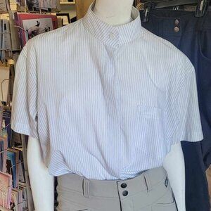 Ladies sz 12 Short sleeve Cambrai white Show Shirt with navy & baby blue stripe